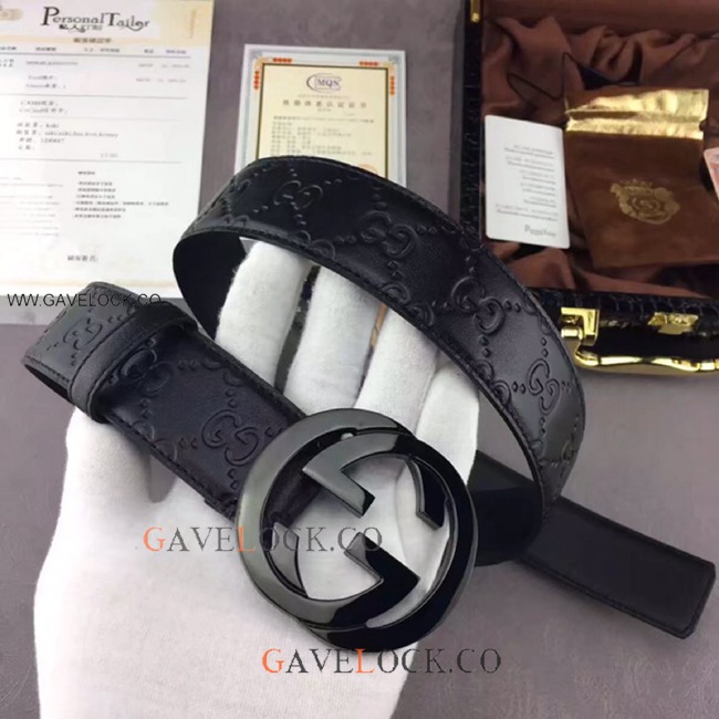 Gucci Signature Leather Belt Black Buckle Original Size